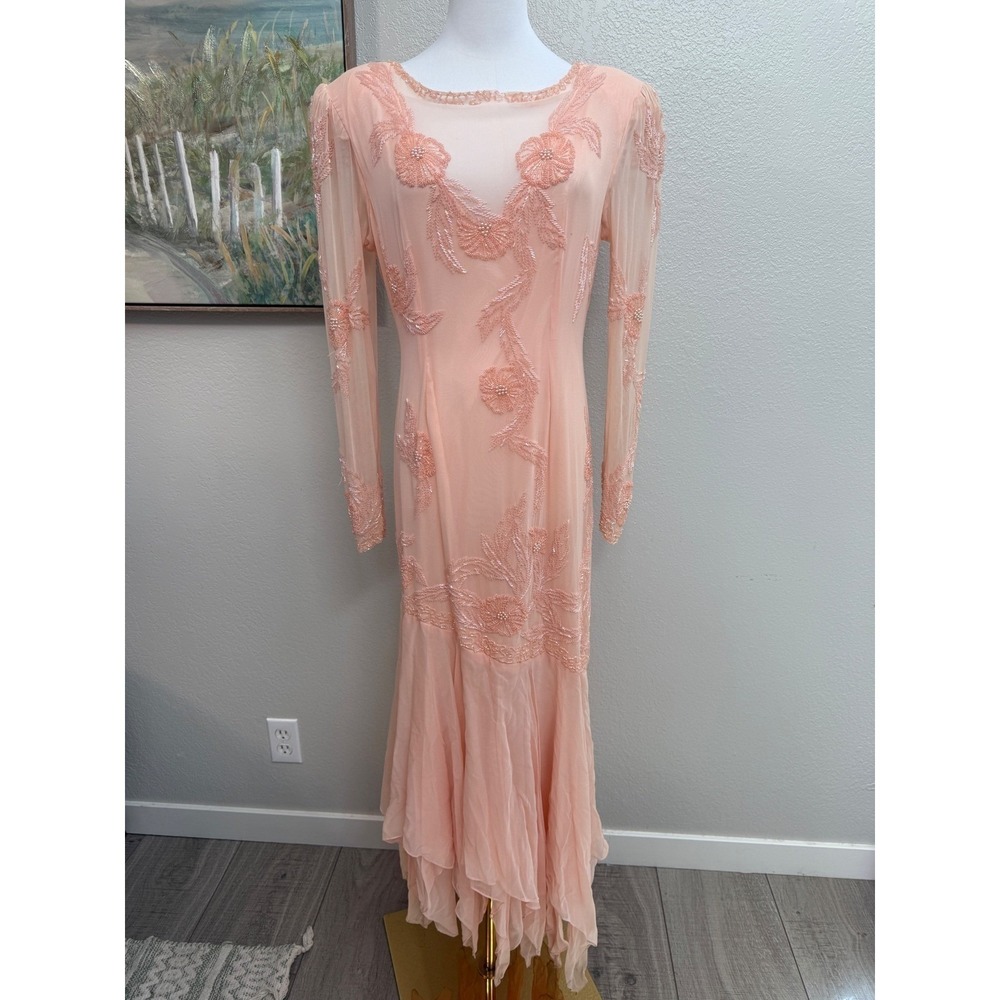 Vintage Forever Yours 100% Silk Beaded Peach Mermaid Evening Gown Dress